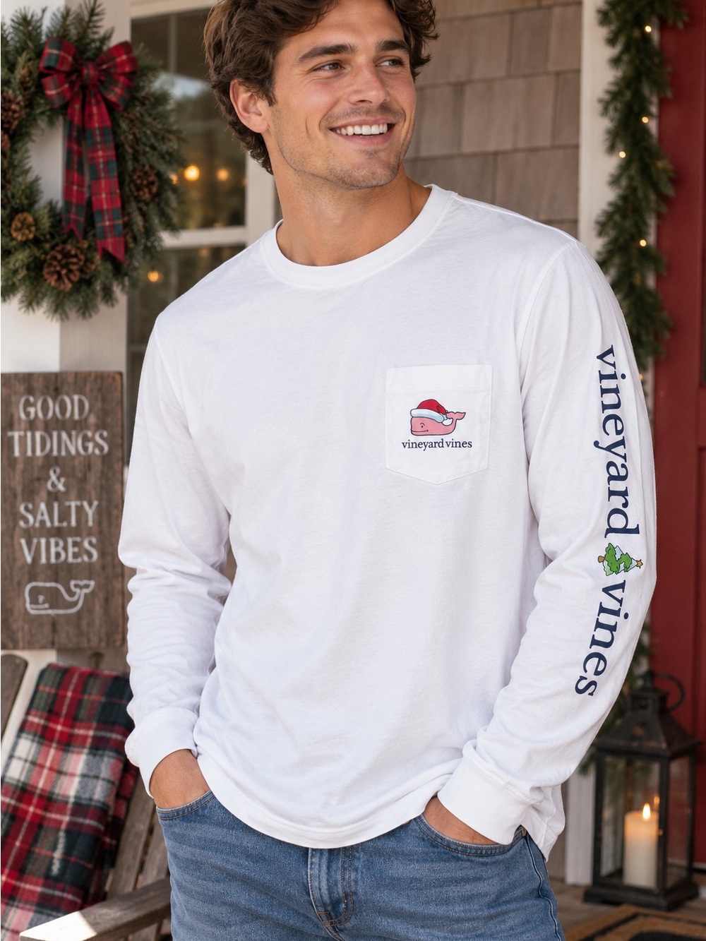 Vineyard Vines Christmas Whale Long Sleeve Pocket Tee White